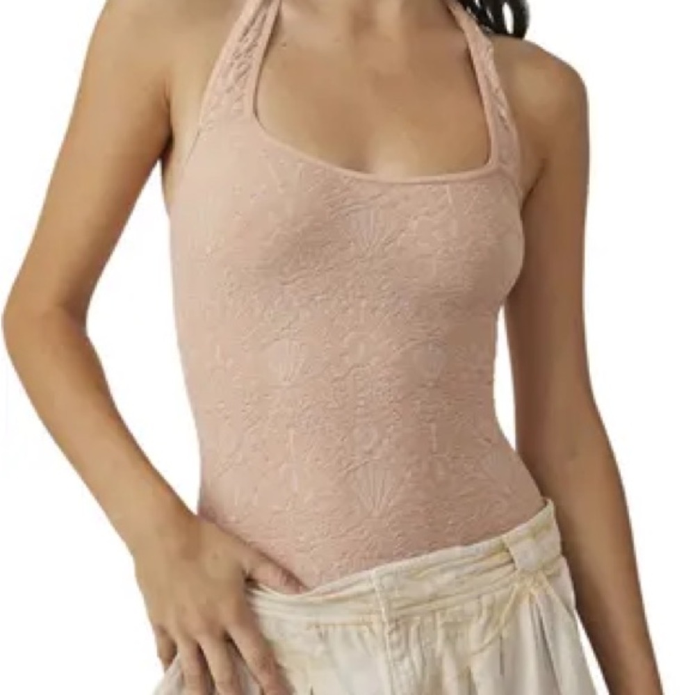 Free People Blush Pink Lace Halter Bodysuit NWT